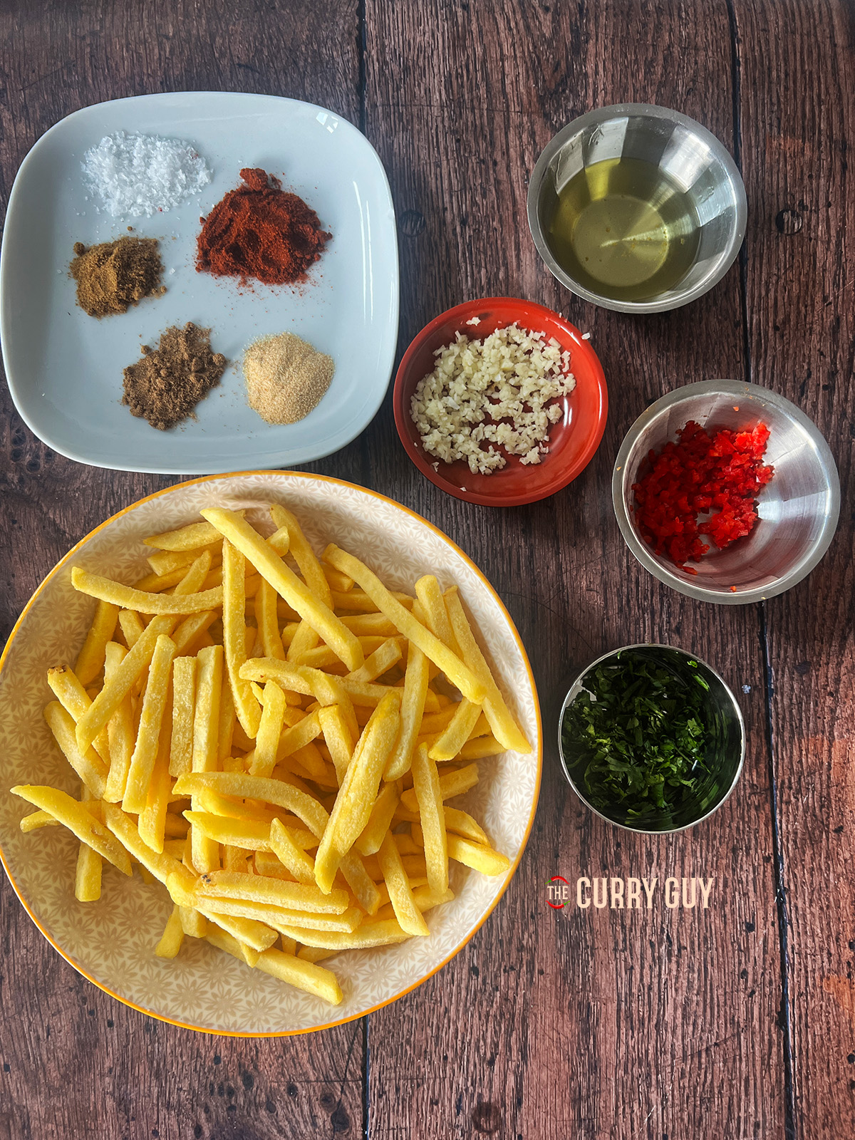 Vorbereitete Zutaten für das Rezept „Masala Fries“