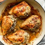 mushroom stuffed chicken breasts in a pan.