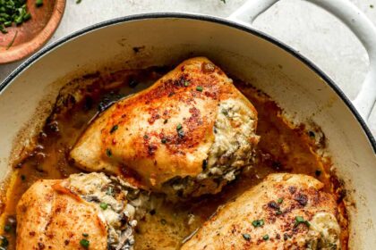 mushroom stuffed chicken breasts in a pan.