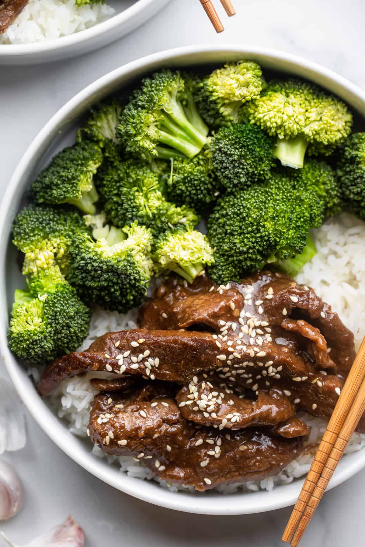 Beef with Garlic Sauce in a bowl with rice and broccoli