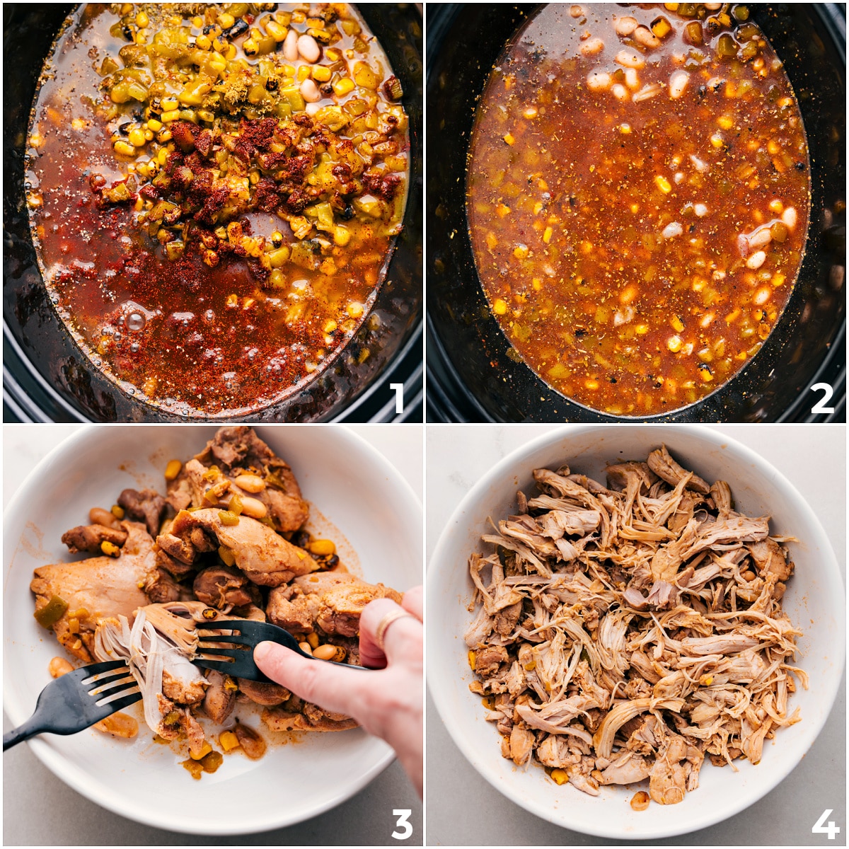 Geben Sie alle Zutaten für dieses weiße Hühnchen-Chili aus dem Crockpot zum Kochen in den Crockpot und nehmen Sie das Hühnchen anschließend heraus, um es zu zerkleinern.