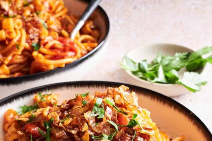 A bowl of koshary Egyptian pasta.