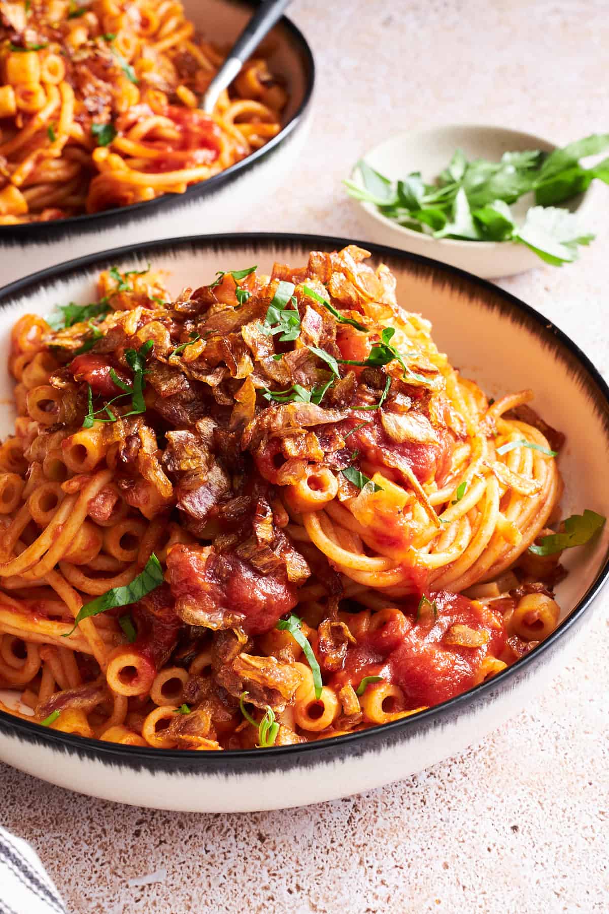 A bowl of koshary Egyptian pasta.