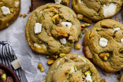 Overhead shot of baked pistachio pudding cookies.