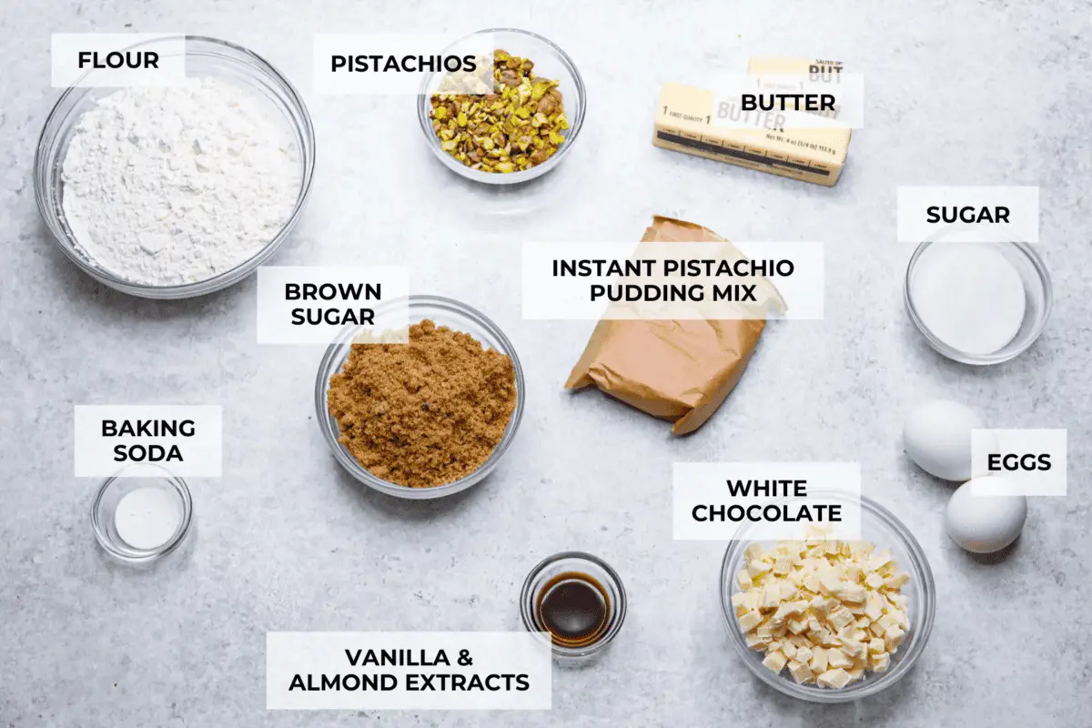 Overhead shot of labeled ingredients. 