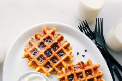 Chocolate Chip Waffles Recipe on a platter.