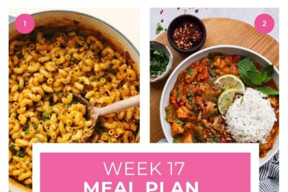 A collage of 5 photos of food for week 17 meal plan.