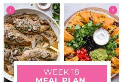 A collage of 5 recipe photos and a graphic that says week 18 meal plan and shopping list.