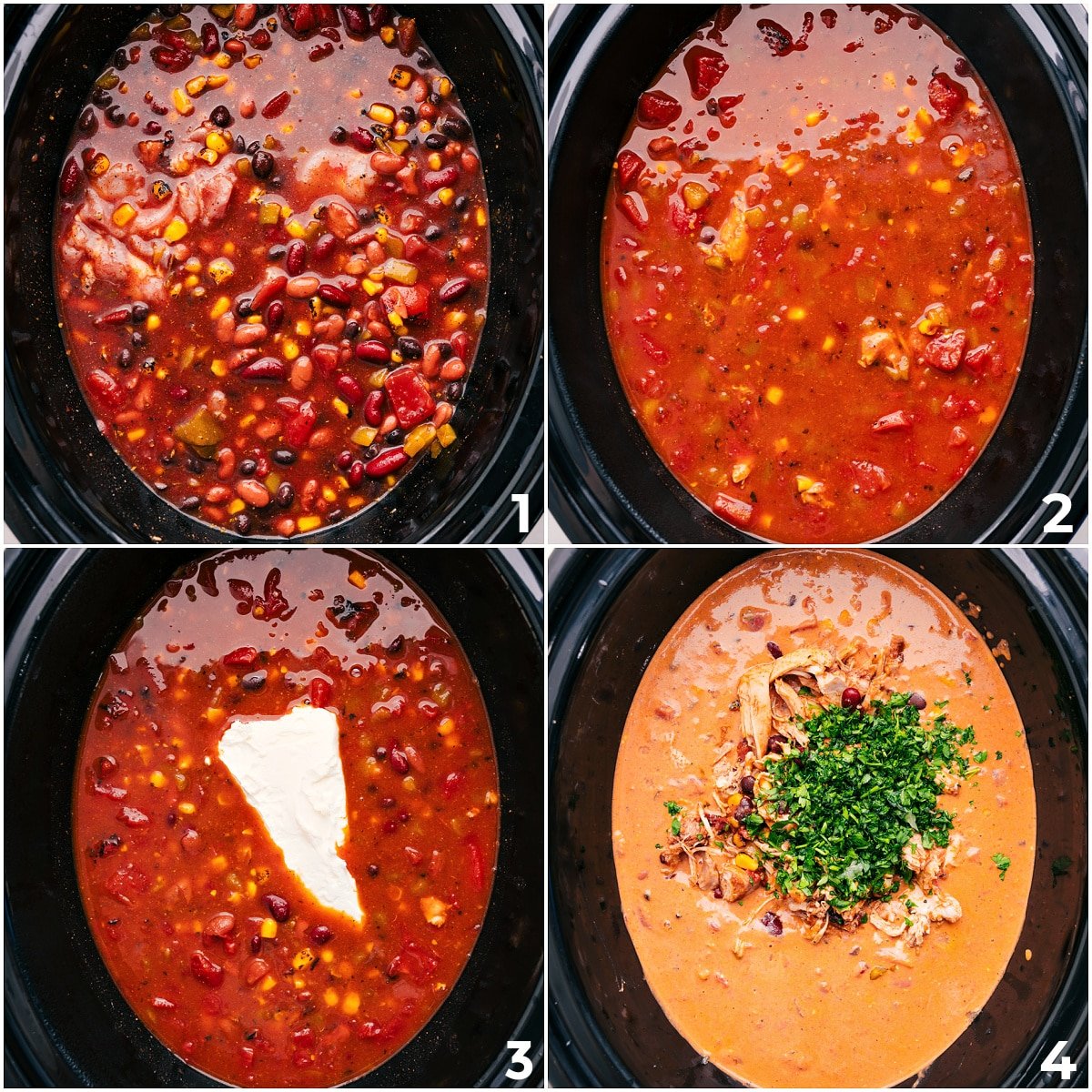 Alle Zutaten werden in den Crockpot gegeben und zusammen gekocht, dann werden Frischkäse und frische Kräuter untergerührt, um diesen Chicken Taco Chili zu vervollständigen.