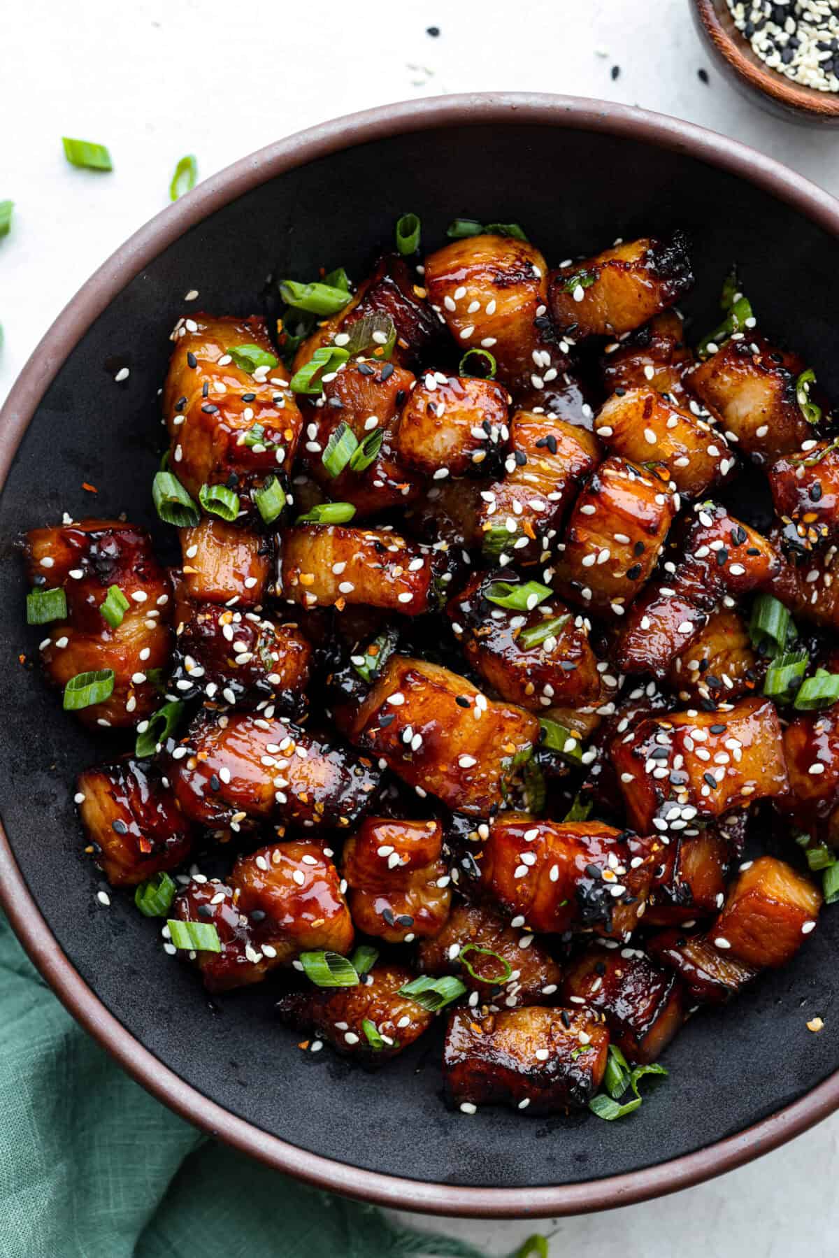 Overhead shot of plated air fryer pork belly. 